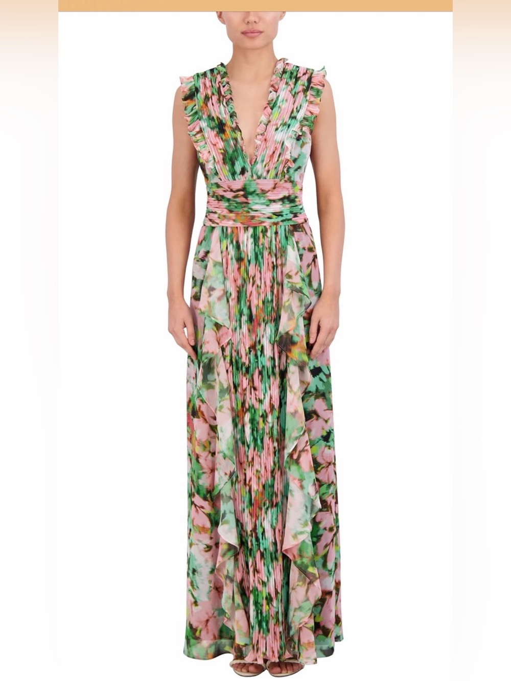 NWT BCBGMaxAzria Pink and Green Floral Ruffle V-Neck Maxi Dress size 8 - Picture 1 of 7